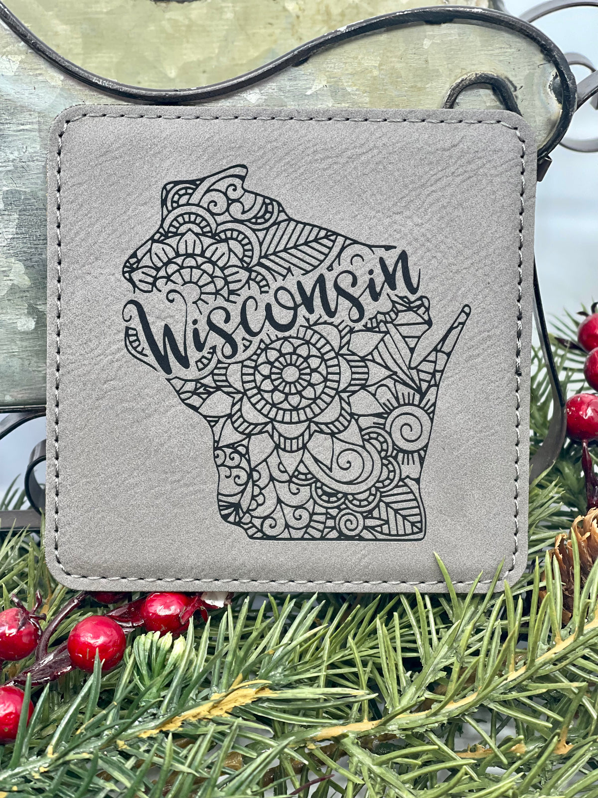 Square Leatherette Coaster {Wisconsin Mandala}, a personalized gifts – custom engraved by Silver Squirrel Engraving & Gifts
