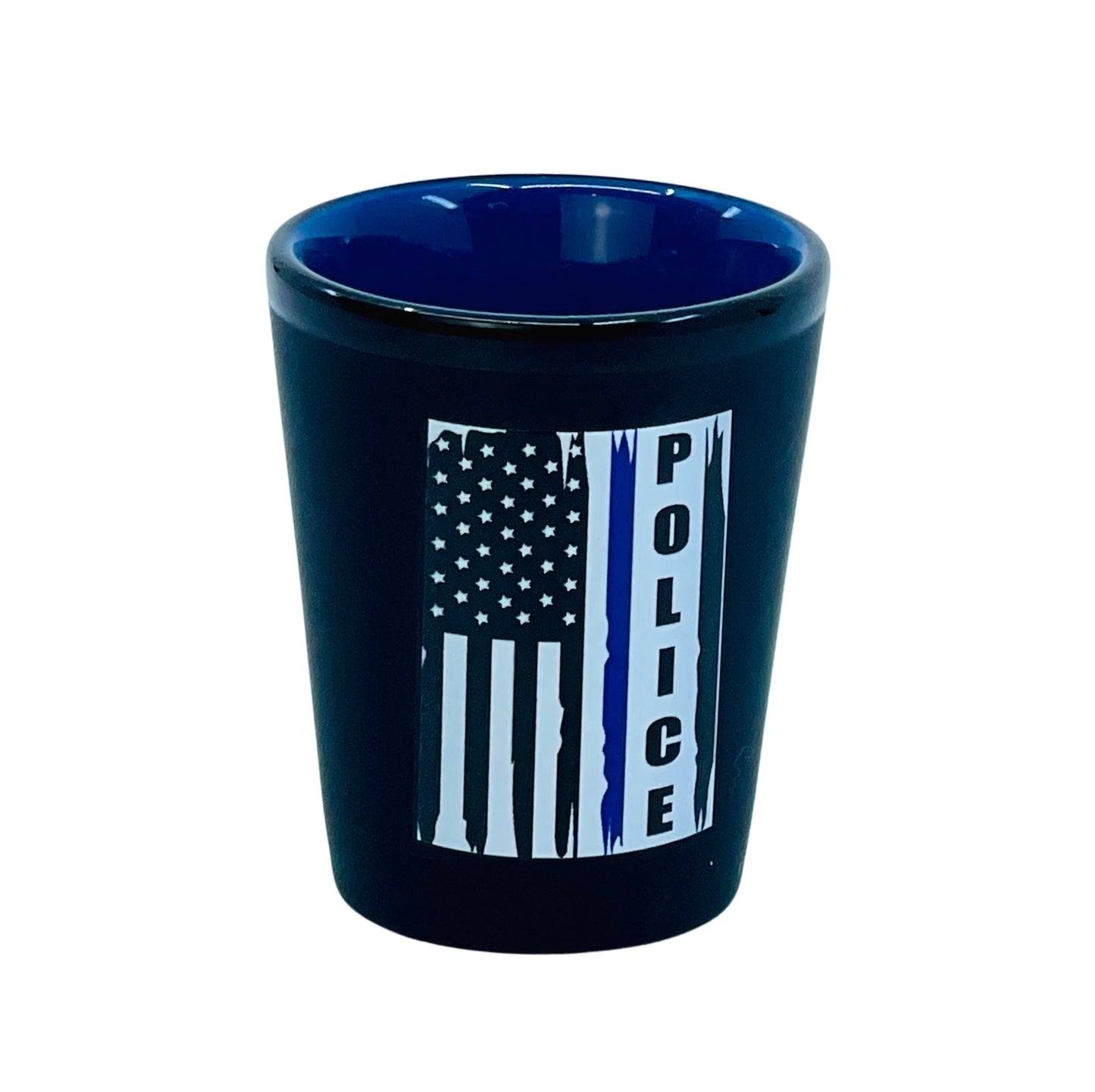 Ceramic Matte Black Shot Glass with Colorful Interior {Police Thin Blue Line Flag}