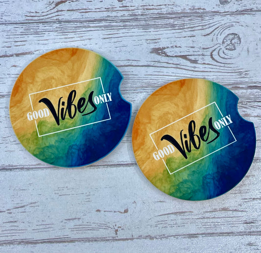 Personalized Ceramic Car Coaster Set {Good Vibes Only} – custom engraved by Silver Squirrel Engraving & Gifts