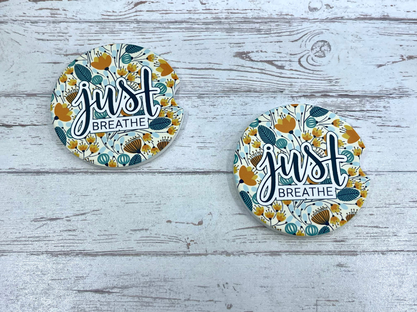 Personalized Ceramic Car Coaster Set {Just Breathe} – custom engraved by Silver Squirrel Engraving & Gifts