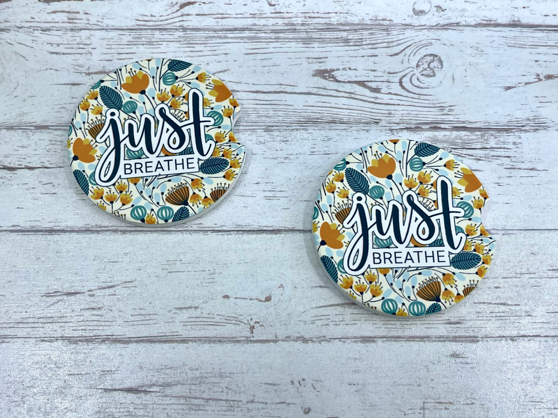 Personalized Ceramic Car Coaster Set {Just Breathe} – custom engraved by Silver Squirrel Engraving & Gifts