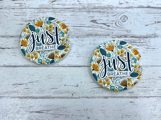 Personalized Ceramic Car Coaster Set {Just Breathe} – custom engraved by Silver Squirrel Engraving & Gifts
