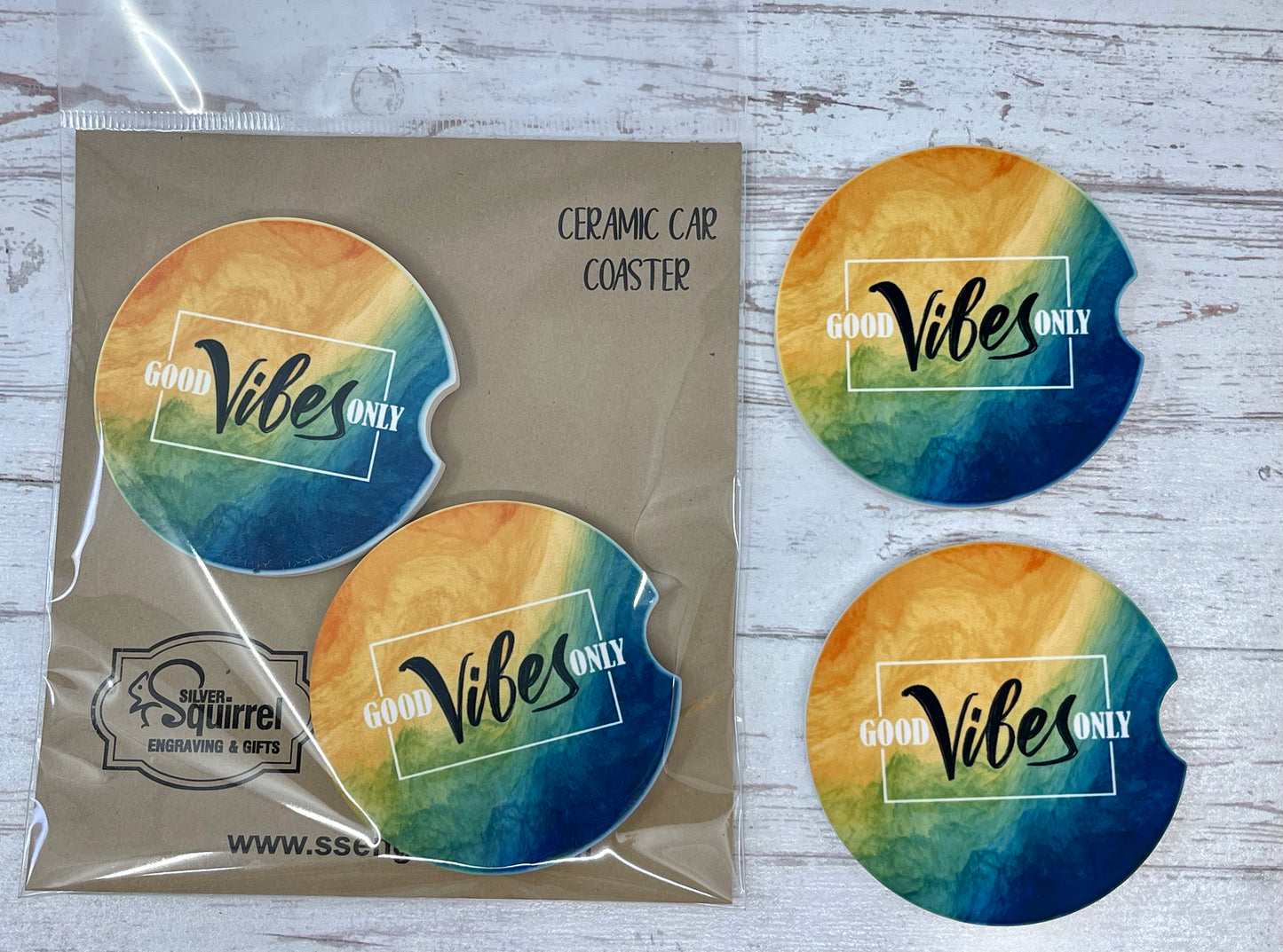 Personalized Ceramic Car Coaster Set {Good Vibes Only} – custom engraved by Silver Squirrel Engraving & Gifts