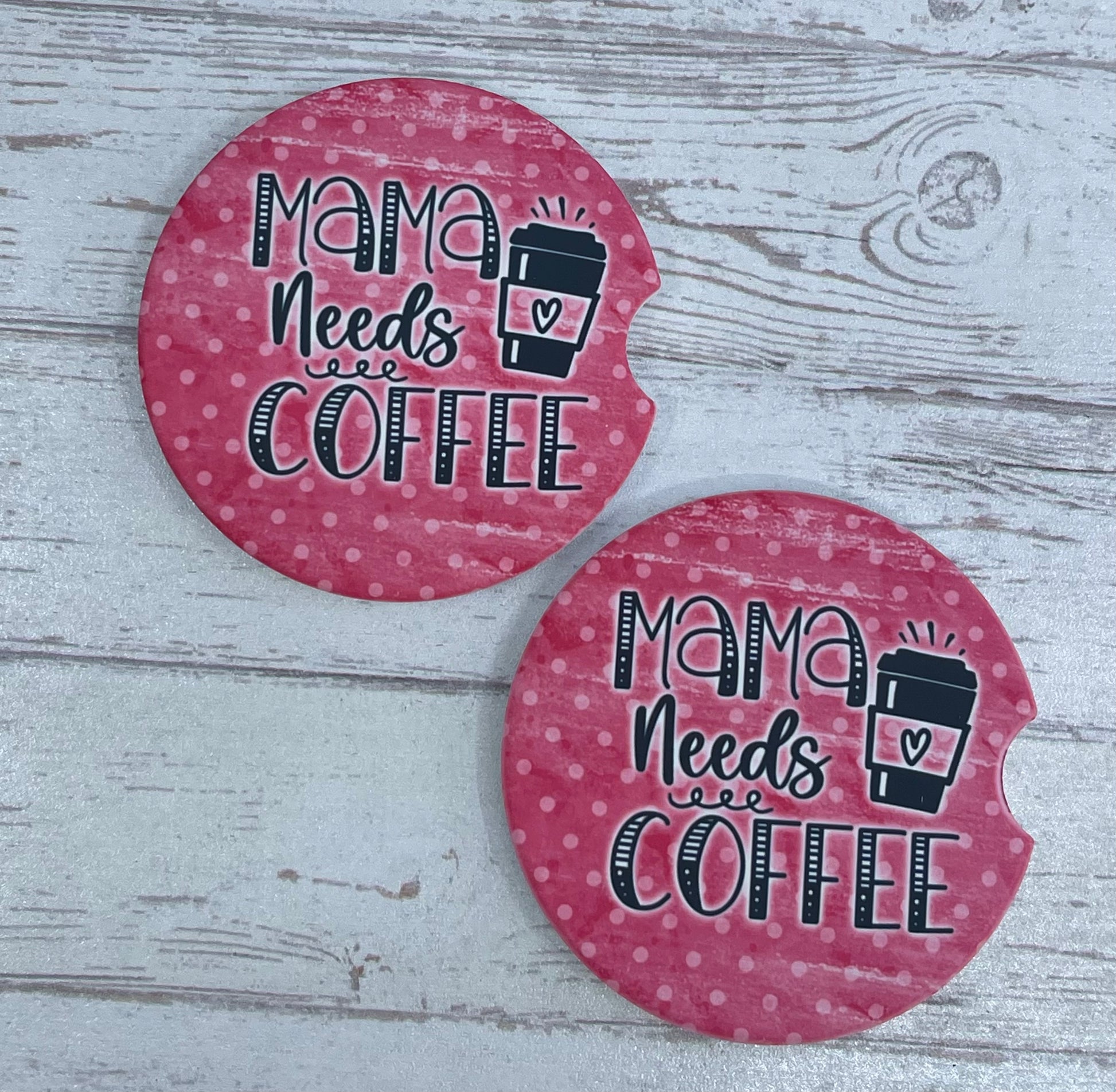 Personalized Ceramic Car Coaster Set {Mama Needs Coffee} – custom engraved by Silver Squirrel Engraving & Gifts