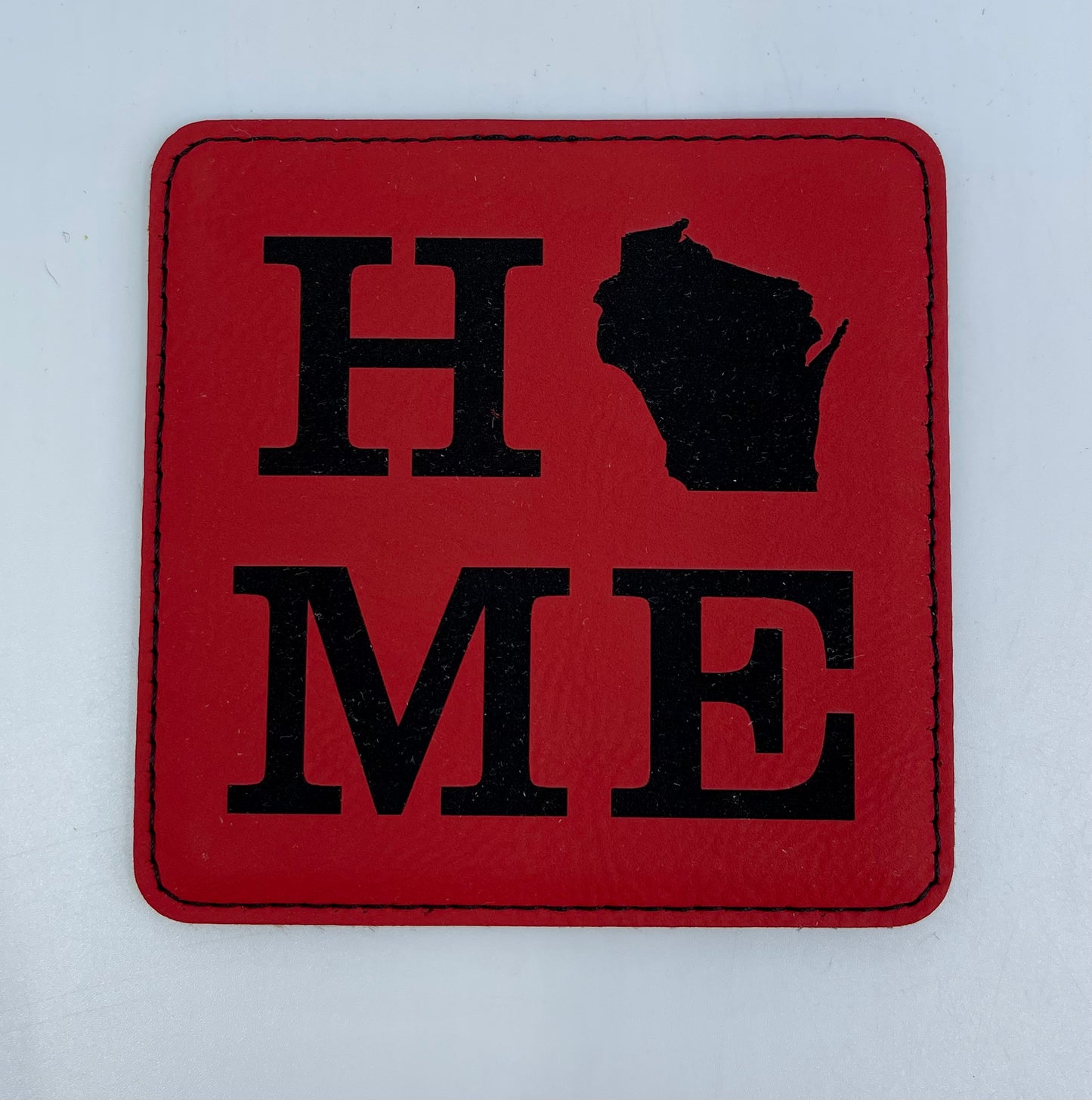 Square Leatherette Coaster {HOME Wisconsin}, a personalized gifts – custom engraved by Silver Squirrel Engraving & Gifts
