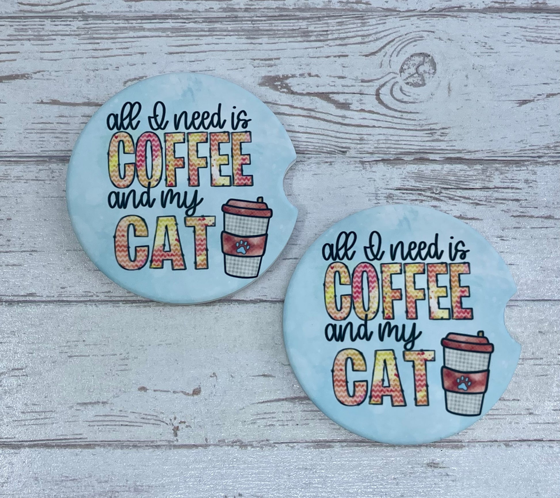 Personalized Ceramic Car Coaster Set {Coffee - Cat} – custom engraved by Silver Squirrel Engraving & Gifts