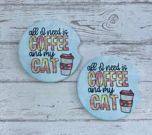 Personalized Ceramic Car Coaster Set {Coffee - Cat} – custom engraved by Silver Squirrel Engraving & Gifts